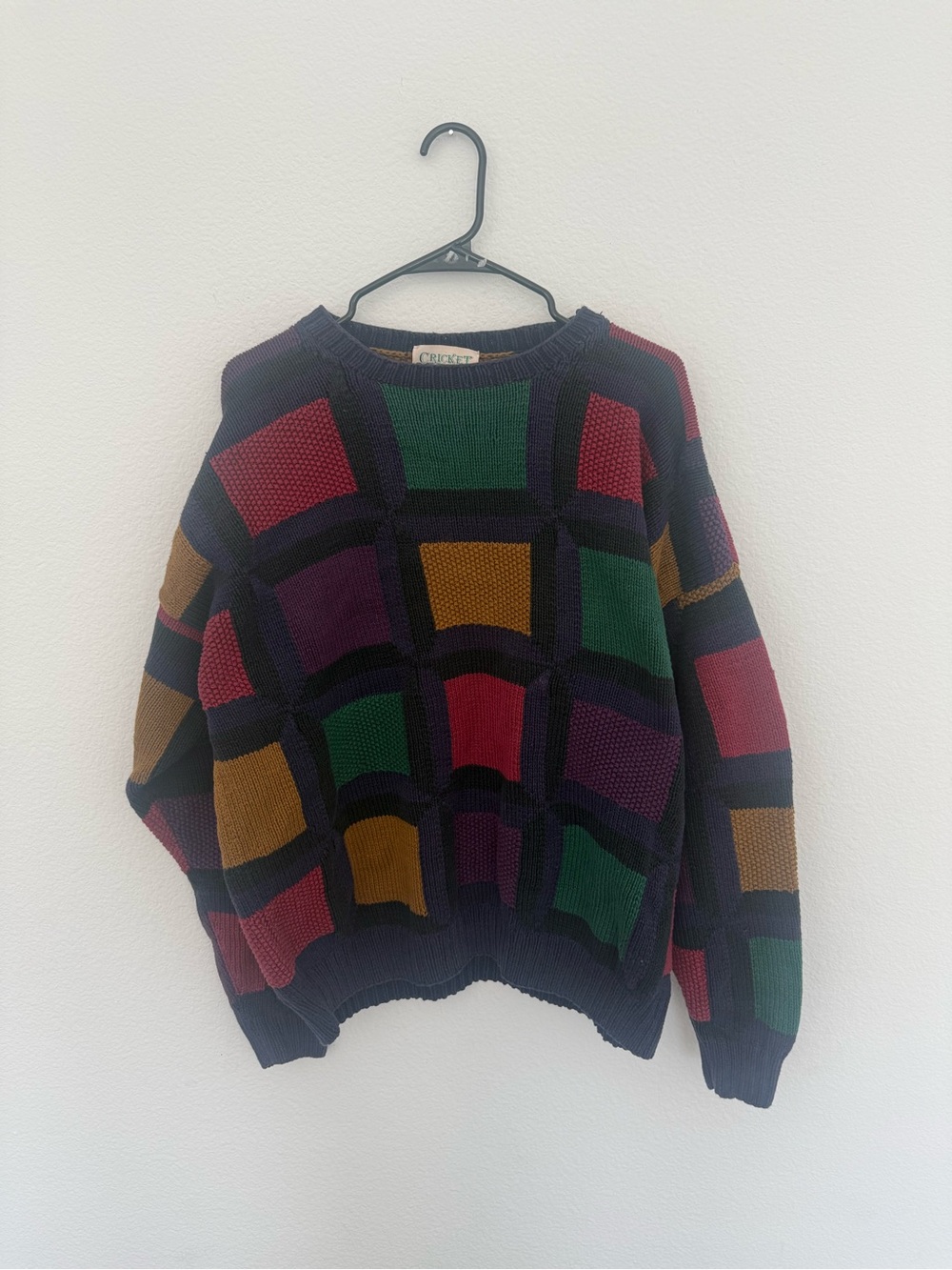 Vintage Cricket Colorblock Sweater 90s Hand Knit Cotton Grid Multicolor Sz L